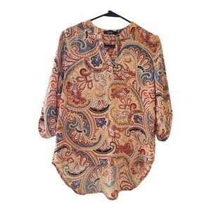 CURE Floral Orange Blue Roll-Tab V-Neck Pull-On Blouse‎ Top Size M/Small — Used,